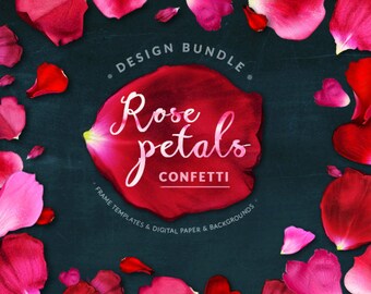Rose Petals Confetti Design Bundle, Card Templates, Rose floral clipart, Photo Overlays, Confetti clipart, DIY Wedding Printable card
