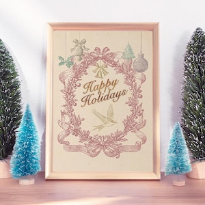 Vintage French toile Christmas card designs featuring elegant holiday wreaths, ribbons, doves, holly, ornaments, and gifts. Perfect for DIY printable Christmas cards, festive invitations, holiday stationery, gift tags, and scrapbooking projects. High-resolution PNG and SVG clipart frames and borders in red, gold, green, and blue tones. Ideal for crafters, Etsy sellers, and print-on-demand Christmas projects in a timeless vintage Noël en Toile style.