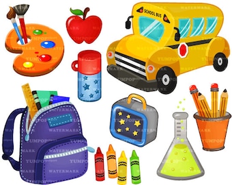 May include: A set of back to school themed clipart featuring a yellow school bus with the words "School Bus" on the front, a purple backpack with a zipper, a red apple, a blue lunchbox with stars, a paint palette with paintbrushes, a beaker with yellow liquid, a pencil holder with pencils, and crayons.