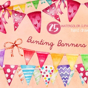 May include: A set of 25 watercolor bunting banners, hand-drawn in various colors and patterns. The banners are strung together with twine and feature hearts, polka dots, stripes, and zigzags.