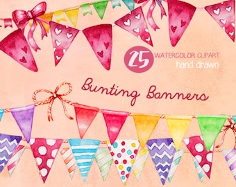 Bunting banners clipart, String banners, Watercolor clipart, Handpainted, Colorful banners, Birthday clipart, Party graphics, Rainbows