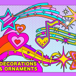 May include: A colorful illustration with a rainbow, stars, hearts, and a musical note. The text "Decorations & Ornaments" is at the bottom of the image.