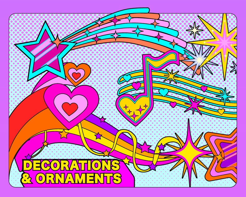 May include: A colorful illustration with a rainbow, stars, hearts, and a musical note. The text "Decorations & Ornaments" is at the bottom of the image.