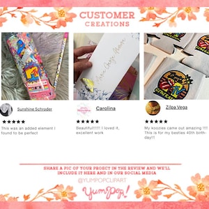 Puede incluir: Un collage de creaciones de clientes, que incluye un vaso con un dise&ntilde;o de MTV, una tarjeta personalizada con una escritura elegante y koozies con un logotipo retro. La imagen incluye rese&ntilde;as de clientes y el texto "CUSTOMER CREATIONS".