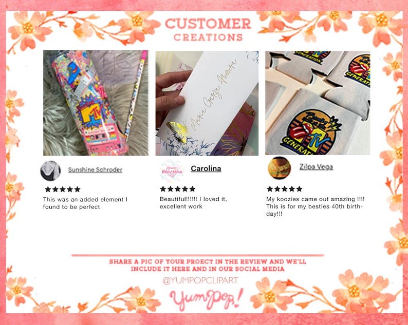 Puede incluir: Un collage de creaciones de clientes, que incluye un vaso con un dise&ntilde;o de MTV, una tarjeta personalizada con una escritura elegante y koozies con un logotipo retro. La imagen incluye rese&ntilde;as de clientes y el texto "CUSTOMER CREATIONS".