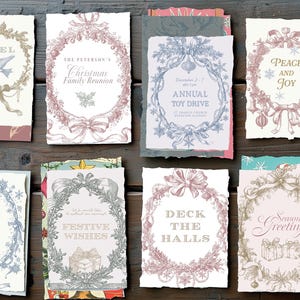 Vintage French toile Christmas card designs featuring elegant holiday wreaths, ribbons, doves, holly, ornaments, and gifts. Perfect for DIY printable Christmas cards, festive invitations, holiday stationery, gift tags, and scrapbooking projects. High-resolution PNG and SVG clipart frames and borders in red, gold, green, and blue tones. Ideal for crafters, Etsy sellers, and print-on-demand Christmas projects in a timeless vintage Noël en Toile style.