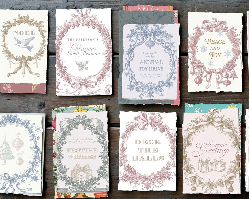 Vintage French toile Christmas card designs featuring elegant holiday wreaths, ribbons, doves, holly, ornaments, and gifts. Perfect for DIY printable Christmas cards, festive invitations, holiday stationery, gift tags, and scrapbooking projects. High-resolution PNG and SVG clipart frames and borders in red, gold, green, and blue tones. Ideal for crafters, Etsy sellers, and print-on-demand Christmas projects in a timeless vintage Noël en Toile style.