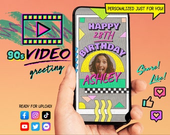 90s Retro Party Video Personalized Greeting Invitation MP4 file, 90s Nostalgia Video Invitation custom social media for sharing, memphis