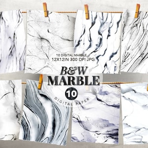 May include: Ten digital paper textures featuring black and white marble patterns. Each paper is 12x12 inches and 300 DPI. The papers are displayed on a clothesline with clothespins.
