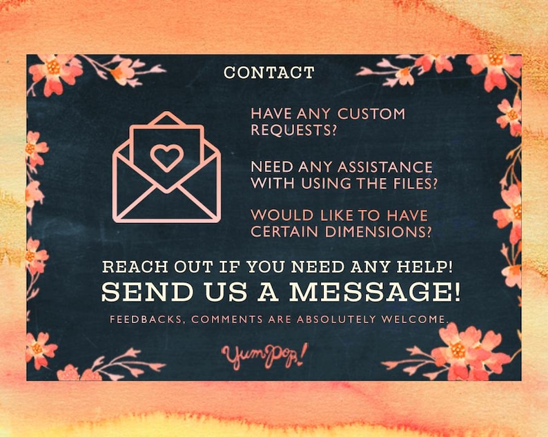 Puede incluir: Un fondo azul oscuro con detalles florales rosas y texto que dice "CONTACTO" y "&iexcl;ENV&Iacute;ANOS UN MENSAJE!". Un icono de sobre con un coraz&oacute;n est&aacute; en el centro. El texto anima a los clientes a ponerse en contacto.