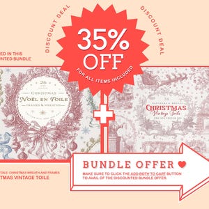 Puede incluir: Un gr&aacute;fico de oferta combinada con una estrella roja que indica un 35% de descuento en todos los art&iacute;culos. La imagen incluye dos conjuntos de arte digital con tem&aacute;tica navide&ntilde;a: "No&euml;l en Toile" y "Christmas Vintage Toile". Una flecha blanca se&ntilde;ala la "Oferta Combinada".
