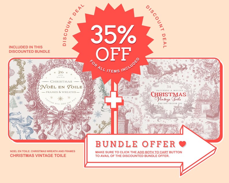 Puede incluir: Un gr&aacute;fico de oferta combinada con una estrella roja que indica un 35% de descuento en todos los art&iacute;culos. La imagen incluye dos conjuntos de arte digital con tem&aacute;tica navide&ntilde;a: "No&euml;l en Toile" y "Christmas Vintage Toile". Una flecha blanca se&ntilde;ala la "Oferta Combinada".