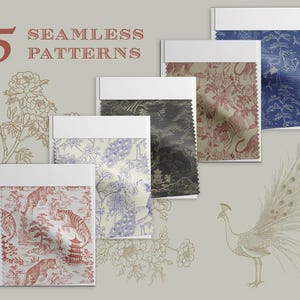 May include: Five seamless patterns featuring various designs, including a peacock, tigers, flowers, and birds. The patterns are displayed on white cards with the text "5 SEAMLESS PATTERNS" at the top.