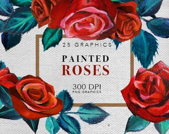 Painted Roses Graphics Clipart, floral flowers Red Roses illustration handpainted design watercolor acyrlic bouquet wreath pattern drawing