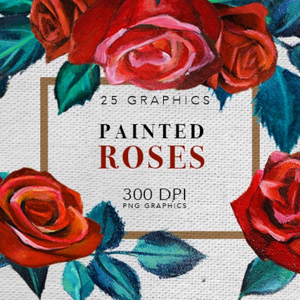 Painted Roses Graphics Clipart, floral flowers Red Roses illustration handpainted design watercolor acyrlic bouquet wreath pattern drawing