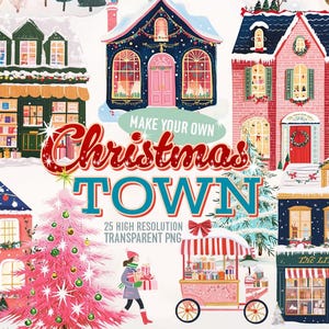 Christmas Town watercolor clipart, Cute Christmas houses png, Christmas designs, holiday png, Christmas background, vintage holiday print