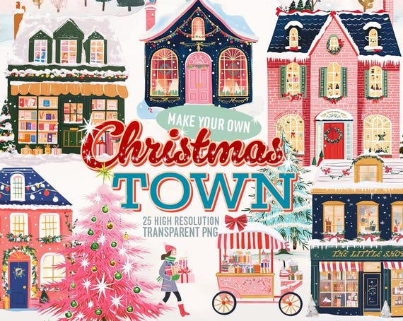 Christmas Town watercolor clipart, Cute Christmas houses png, Christmas designs, holiday png, Christmas background, vintage holiday print