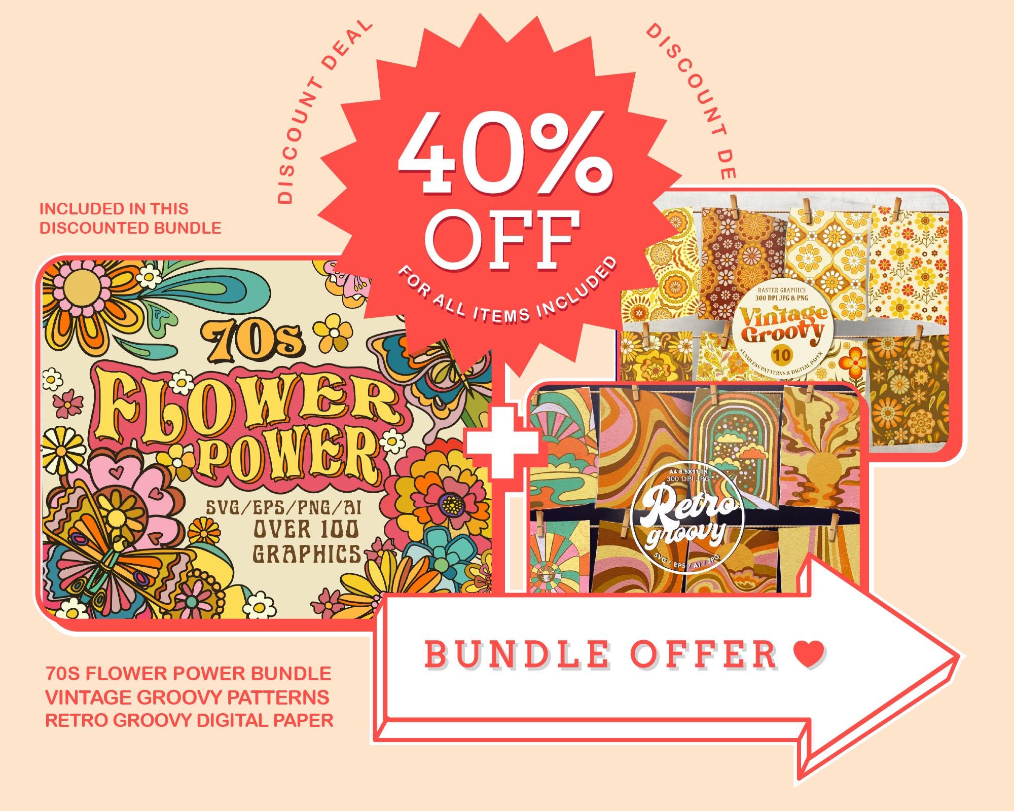 70s Retro Flower Power Design Bundle SVG Ai EPS PNG, Groovy Retro Art ...
