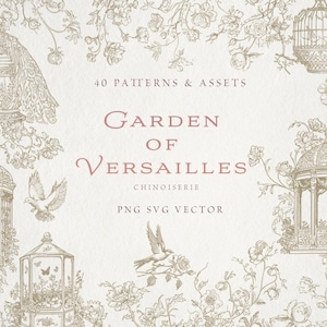 Chinoiserie in oro SVG PNG Cricut, illustrazioni di matrimoni in giardino, motivi Toile de Jouy francesi, etichette vittoriane, cornici e bordi antichi