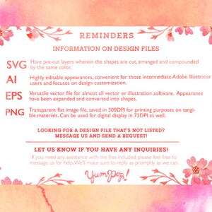 Peut inclure: Un graphique rose et blanc avec une bordure florale et du texte qui dit "REMINDERS INFORMATION ON DESIGN FILES" avec des descriptions de diff&eacute;rents types de fichiers&nbsp;: SVG, AI, EPS et PNG. Le texte comprend &eacute;galement des informations sur la r&eacute;solution des fichiers et comment contacter le vendeur pour obtenir de l&rsquo;aide.