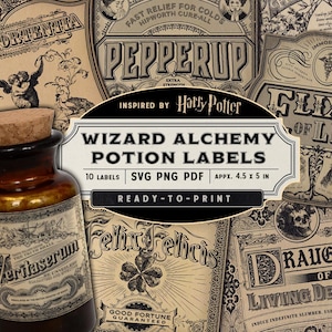 May include: A brown glass bottle with a cork stopper, labeled "Veritaserum" in an ornate design, sits in front of a collection of vintage-style potion labels. The labels are inspired by Harry Potter and include text such as "Pepperup" and "Draught of Living Death."