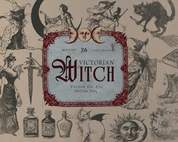 Victorian Witch Clipart: Gothic Illustrations, Lunar Magic (SVG, PNG, EPS) Digital Download
