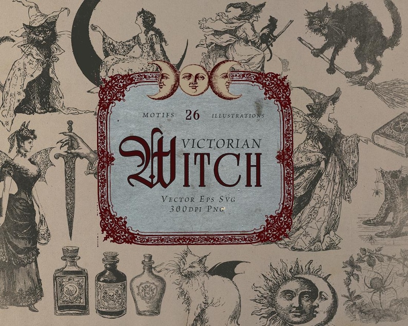 Victorian Witch illustration bundle preview featuring 26 vintage motifs and magical elements in detailed engraving style. Includes black cats, witches flying on broomsticks, potion bottles, crescent moon, mystical sun lunar face, spellbook, dagger, and celestial designs. Perfect for Halloween, witchcraft, gothic art, and Victorian era inspired projects. High resolution 300 DPI PNG and scalable vector SVG EPS files for digital and print use, ideal for stickers, posters, apparel, and invitations.