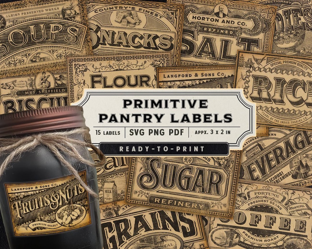 Primitive Pantry Labels, Rustic Country Kitchen Farm Journal, Antique ...