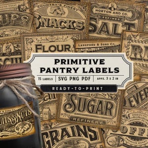 Primitive Pantry Labels, Rustic Country Kitchen Farm Journal, Antique Ephemera Tags, Vintage Mason Jar Decor