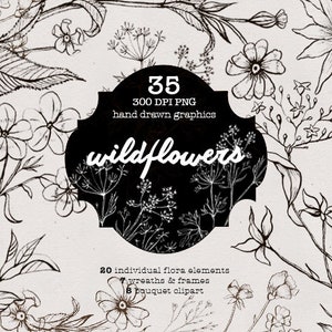 Tinta de flores silvestres, tatuaje floral, flores de arte lineal, tatuajes minimalistas, flores lindas, coronas de flores, flores en blanco y negro, clipart botánico