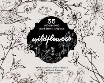 Clipart de arte lineal de flores silvestres: diseños de tatuajes florales (PNG)