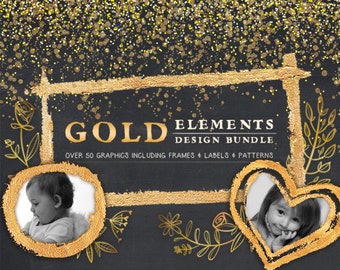 Gold Elements Design Bundle, Gold patterns, Gold clipart, confetti clipart, card templates, digital paper, photo overlays, digital frames