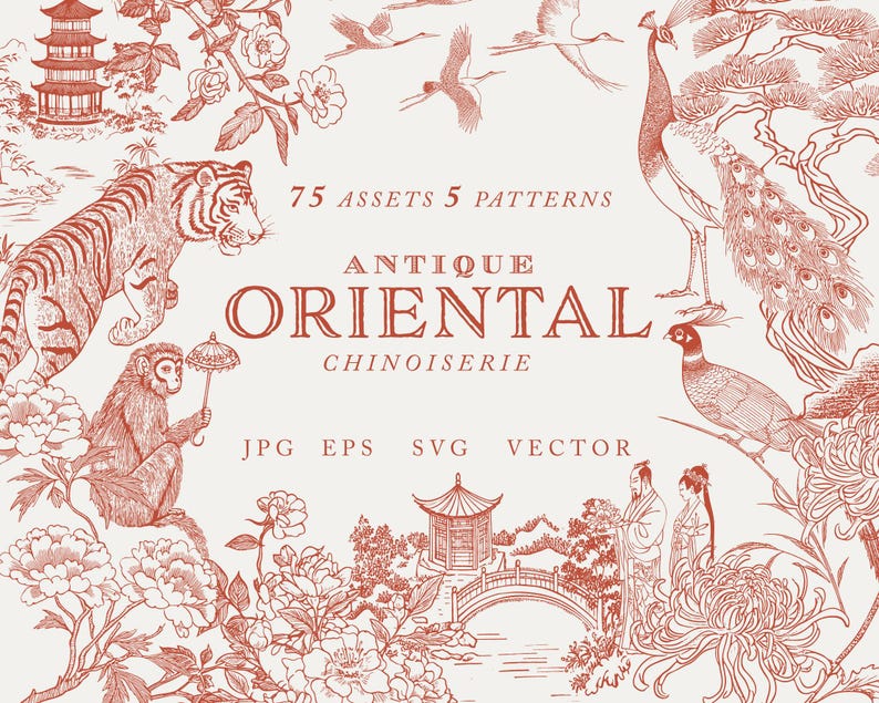 May include: A collection of 75 antique oriental Chinoiserie illustrations, including a tiger, monkey, peacock, pheasant, pagoda, and floral designs. The illustrations are in a red and white color scheme and are perfect for creating digital or printed designs.