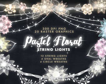 Pastel Floral Lights clipart, String Lights, Fairy Lights graphic Pastel Flowers clipart, Wedding string lights clipart, Wedding Decorations