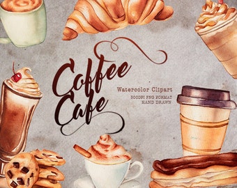 Coffee clipart, Cafe clipart, Food Watercolor clipart, Watercolor graphics, Pastries clipart, Food illustration, desserts cookies clipart