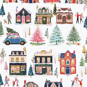 May include: A festive illustration of a winter village with colorful houses, snow-covered roofs, and decorated Christmas trees. There are people walking, a car with a Christmas tree on top, and a snowman being built.