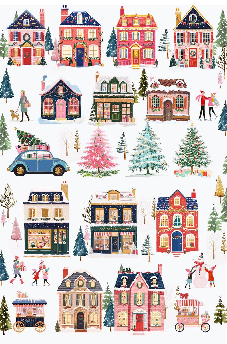 May include: A festive illustration of a winter village with colorful houses, snow-covered roofs, and decorated Christmas trees. There are people walking, a car with a Christmas tree on top, and a snowman being built.