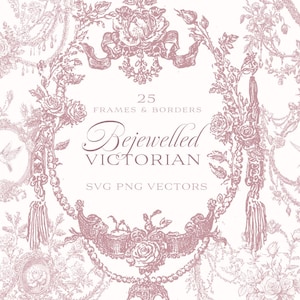 Pode incluir: Um conjunto de 25 molduras e bordas vitorianas intrincadas, adornadas com joias, em um esquema de cores rosa e branco. O design apresenta motivos florais, fitas e pássaros. O texto "Bejeweled Victorian SVG PNG Vectors" está incluído na imagem.