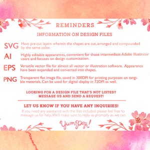 May include: A pink and white graphic with a floral border and text that reads "REMINDERS INFORMATION ON DESIGN FILES" with descriptions of different file types: SVG, AI, EPS, and PNG. The text also includes information about the resolution of the files and how to contact the seller for assistance.