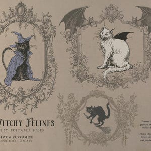 Witchy Felines illustration bundle preview featuring vintage black cats in mystical costumes and poses, perfect for Halloween and gothic designs. Includes cats with witch hats, cloaks, bat wings, and flying on broomsticks. Styled in Victorian engraving with ornate floral and baroque frames. Fully editable vector files in EPS and SVG formats allow color customization for digital art, crafts, stickers, apparel, posters, and invitations inspired by witchcraft, folklore, and magical themes.