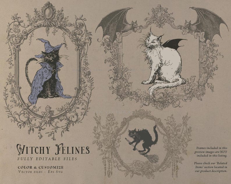 Witchy Felines illustration bundle preview featuring vintage black cats in mystical costumes and poses, perfect for Halloween and gothic designs. Includes cats with witch hats, cloaks, bat wings, and flying on broomsticks. Styled in Victorian engraving with ornate floral and baroque frames. Fully editable vector files in EPS and SVG formats allow color customization for digital art, crafts, stickers, apparel, posters, and invitations inspired by witchcraft, folklore, and magical themes.