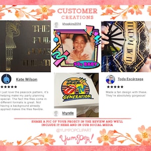 Puede incluir: Un collage de creaciones de clientes, que incluye un dise&ntilde;o art d&eacute;co negro con letras doradas que dice "THE FULL HOUSE THEATRE". Otras im&aacute;genes incluyen un dise&ntilde;o "90s BABY" y un dise&ntilde;o de abanico.