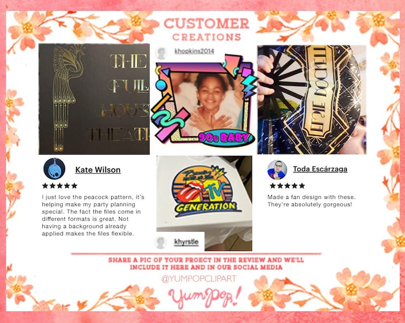 Puede incluir: Un collage de creaciones de clientes, que incluye un dise&ntilde;o art d&eacute;co negro con letras doradas que dice "THE FULL HOUSE THEATRE". Otras im&aacute;genes incluyen un dise&ntilde;o "90s BABY" y un dise&ntilde;o de abanico.