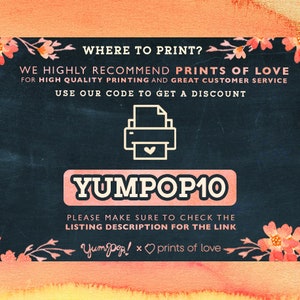 May include: A chalkboard with pink floral borders and the text "WHERE TO PRINT?"  "WE HIGHLY RECOMMEND PRINTS OF LOVE FOR HIGH QUALITY PRINTING AND GREAT CUSTOMER SERVICE USE OUR CODE TO GET A DISCOUNT YUMPOP10 PLEASE MAKE SURE TO CHECK THE LISTING DESCRIPTION FOR THE LINK Yum pop! x prints of love"