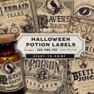 Halloween-Tranketiketten, Apothekerflasche für Vintage Hexe-Dekor, gotische Kunst antike druckbare Collage Sheet, viktorianische Goth Ephemera Tags