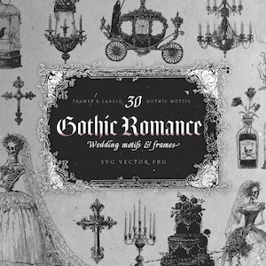 May include: A grayscale illustration featuring gothic wedding motifs. The image includes a skeleton bride and groom, a carriage, chandeliers, a birdcage, crosses, and a cake. Text reads "Gothic Romance" and "Wedding motifs & frames."