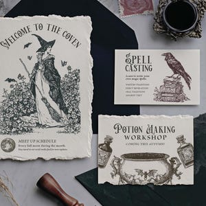 Victorian witchcraft invitation card templates shown as digital download designs for print-on-demand projects. Features mystical artwork including a witch with broom, potion bottles, cauldron, bats, raven, and vintage typography. Perfect for customizable print design, Halloween party invites, coven meetups, magical workshops, spell casting classes, planners, journals, and gothic stationery. Editable high-resolution printable templates ideal for crafting unique witchy themed paper goods.