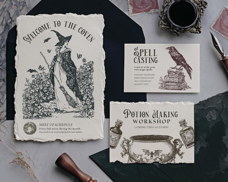 Victorian witchcraft invitation card templates shown as digital download designs for print-on-demand projects. Features mystical artwork including a witch with broom, potion bottles, cauldron, bats, raven, and vintage typography. Perfect for customizable print design, Halloween party invites, coven meetups, magical workshops, spell casting classes, planners, journals, and gothic stationery. Editable high-resolution printable templates ideal for crafting unique witchy themed paper goods.