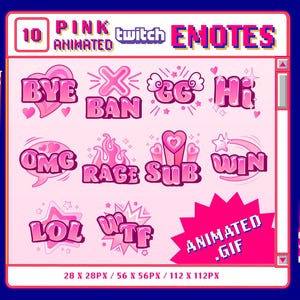 Pink Animated Emotes, Twitch Badges, Discord Bundle, Text Animated Emote Pack, GG Emote, BAN Emote, Rage Emote, Sub Emote, Cute Girly Emotes