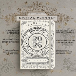 Puede incluir: Un planificador de astrología digital con el texto "ASTROLOGÍA 2026" en la portada. El planificador incluye más de 100 pegatinas y páginas en blanco, calendarios mensuales y diarios, y una fácil navegación con pestañas y fechas con hipervínculos.